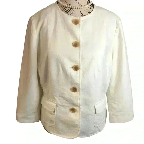 Kasper and Co. Ladies 14 Ivory Linen Blend Lined Jacket 3/4 sleeves - Picture 1 of 5